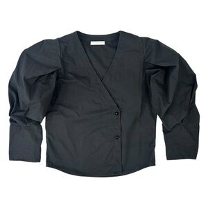 Shaina Mote Mattea Top - Black Puff Sleeve Fold Over V-Neck Shirt Blouse Top